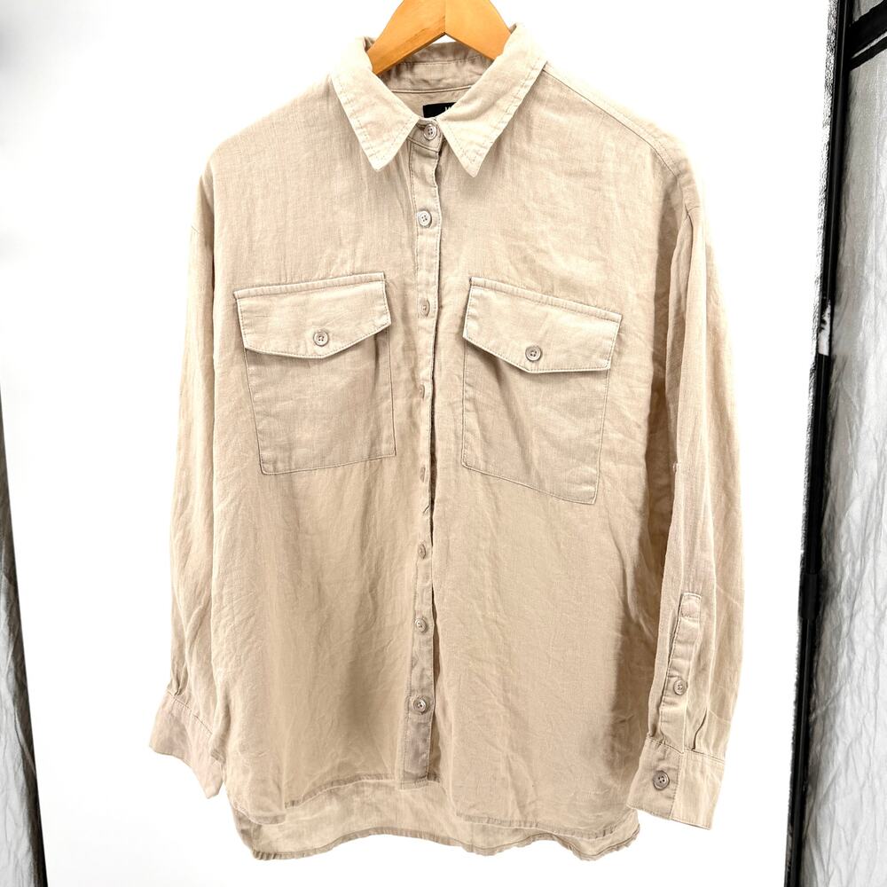 Kut From The Kloth Khaki 100% Linen Button Down Utility Shirt
